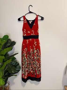 Red Floral V-Neck Midi Dress with Black Waistband tie bow 6